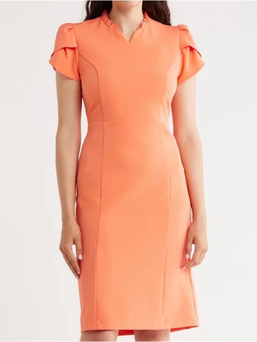 Nanette Lepore Coral Midi Dress with Ruffled V-Neck